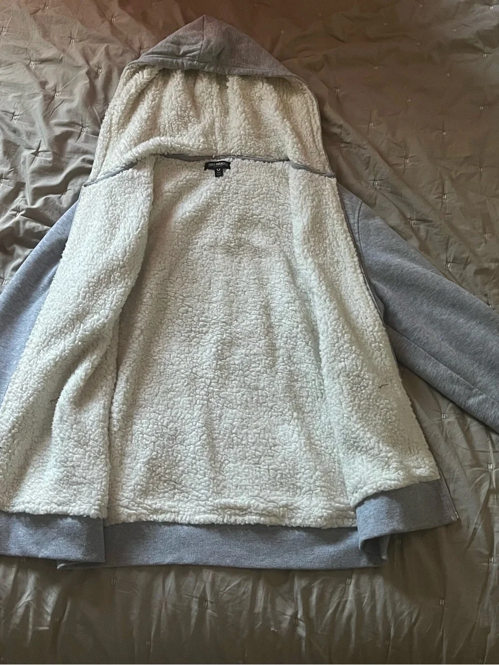 True Religion Gray Sherpa Hoodie with Logo
